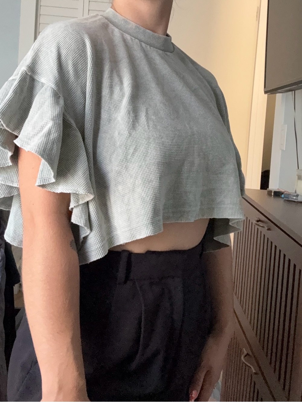 Altar'd State Sage Green Flutter Sleeve Crop Top